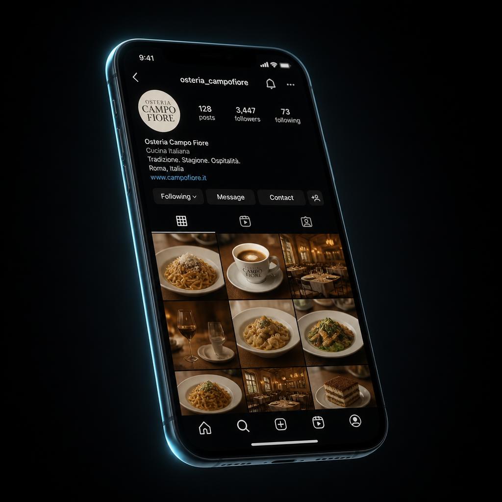 Mockup di uno smartphone con il feed Instagram di un ristorante gestito da Social99