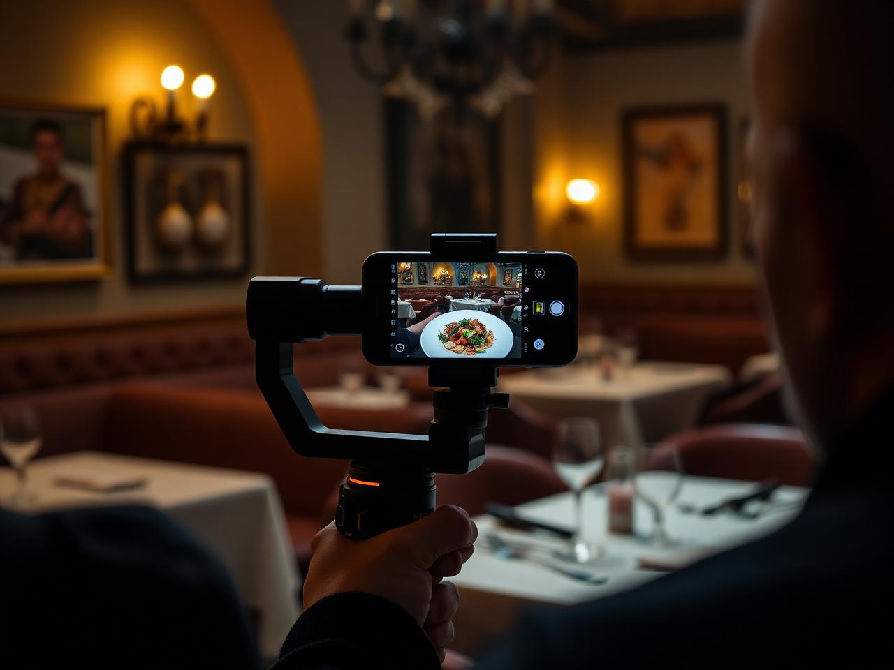 Il team Social99 riprende un piatto in un ristorante in Ticino durante uno shooting in loco